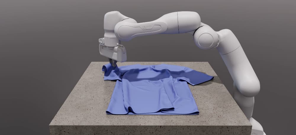 Newton's banner: a white robot arm folding a blue shirt on a stone table