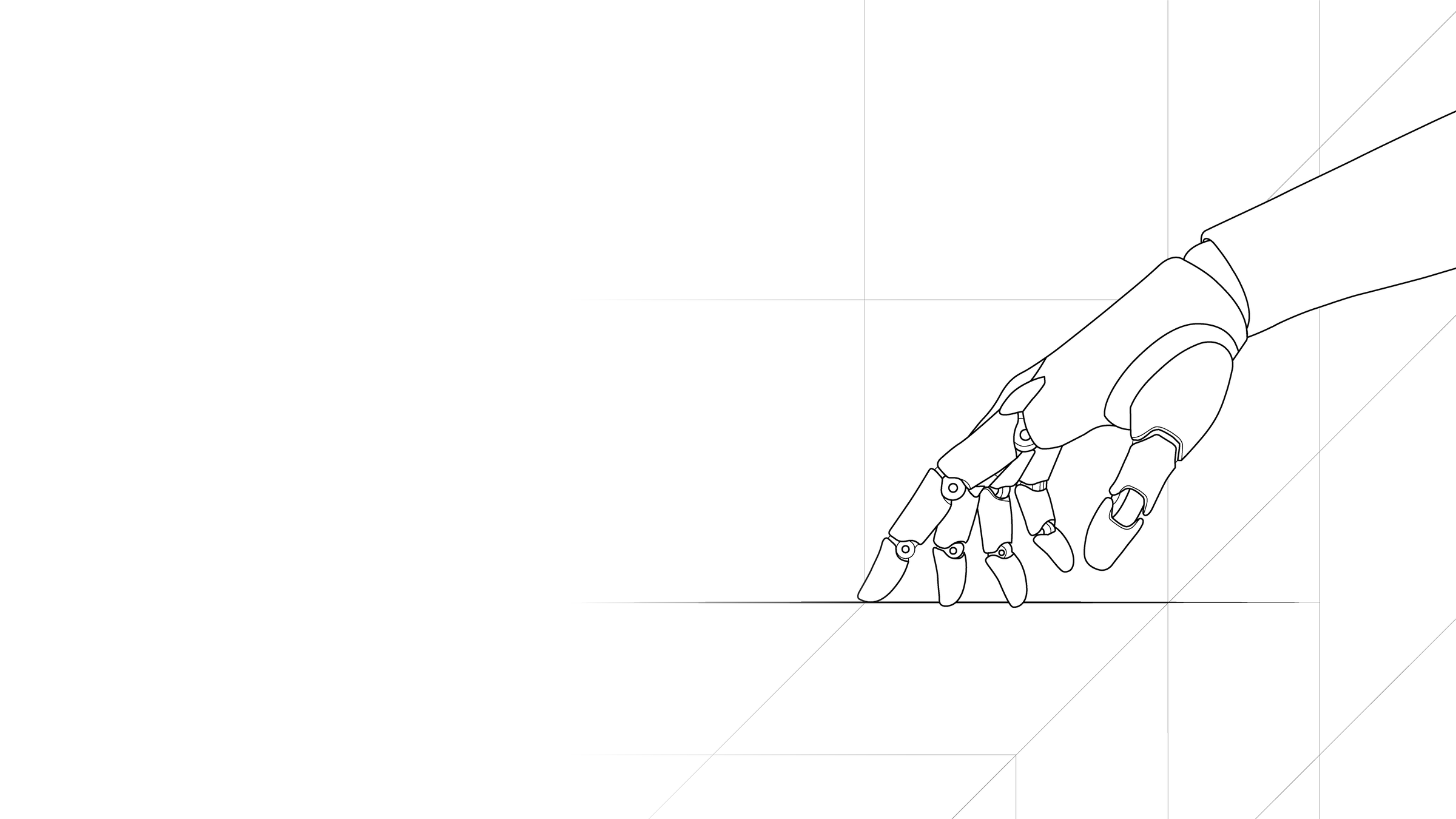 A robot hand touching a surface, drawn in line art: the hero image of Project SuperDex